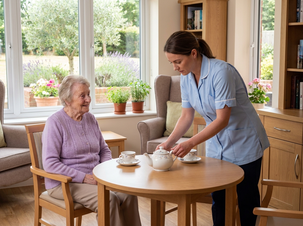 Auxiliaire de vie accompagnant une résidente âgée dans le salon commun de la résidence Les Pléiades à Toulon, gérée par LNA Santé