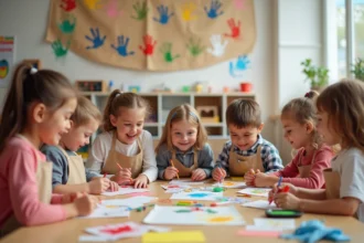 Groupe d'enfants de maternelle et élémentaire réunis autour d'une table de bricolage lors d'une activité manuelle en centre de loisirs