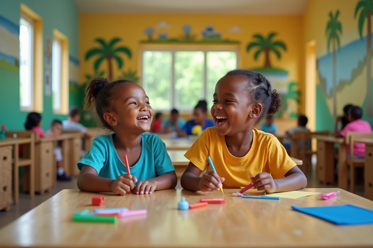 Enfants réunionnais participent à des activités de loisirs dans un centre de garde pendant les vacances scolaires