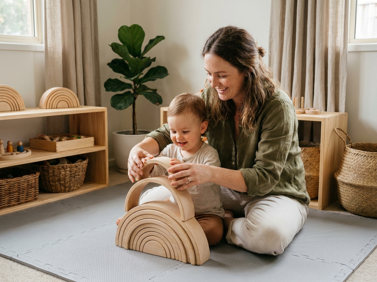 Maman ou éducatrice aidant un tout-petit à construire une arche en bois coloré sur un tapis de jeu, activité de préparation à la maternelle à la maison