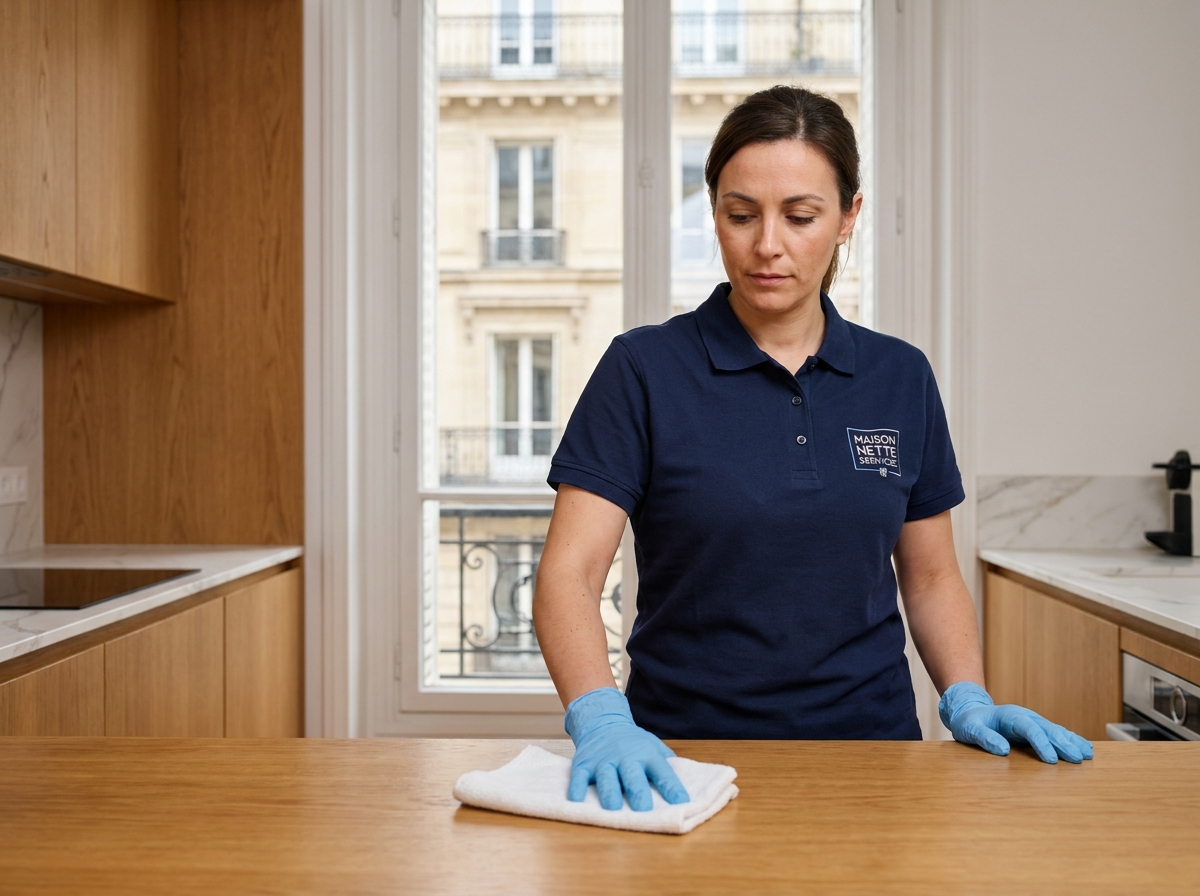 Aide ménagère professionnelle nettoyant un plan de travail dans un appartement moderne à Boulogne-Billancourt