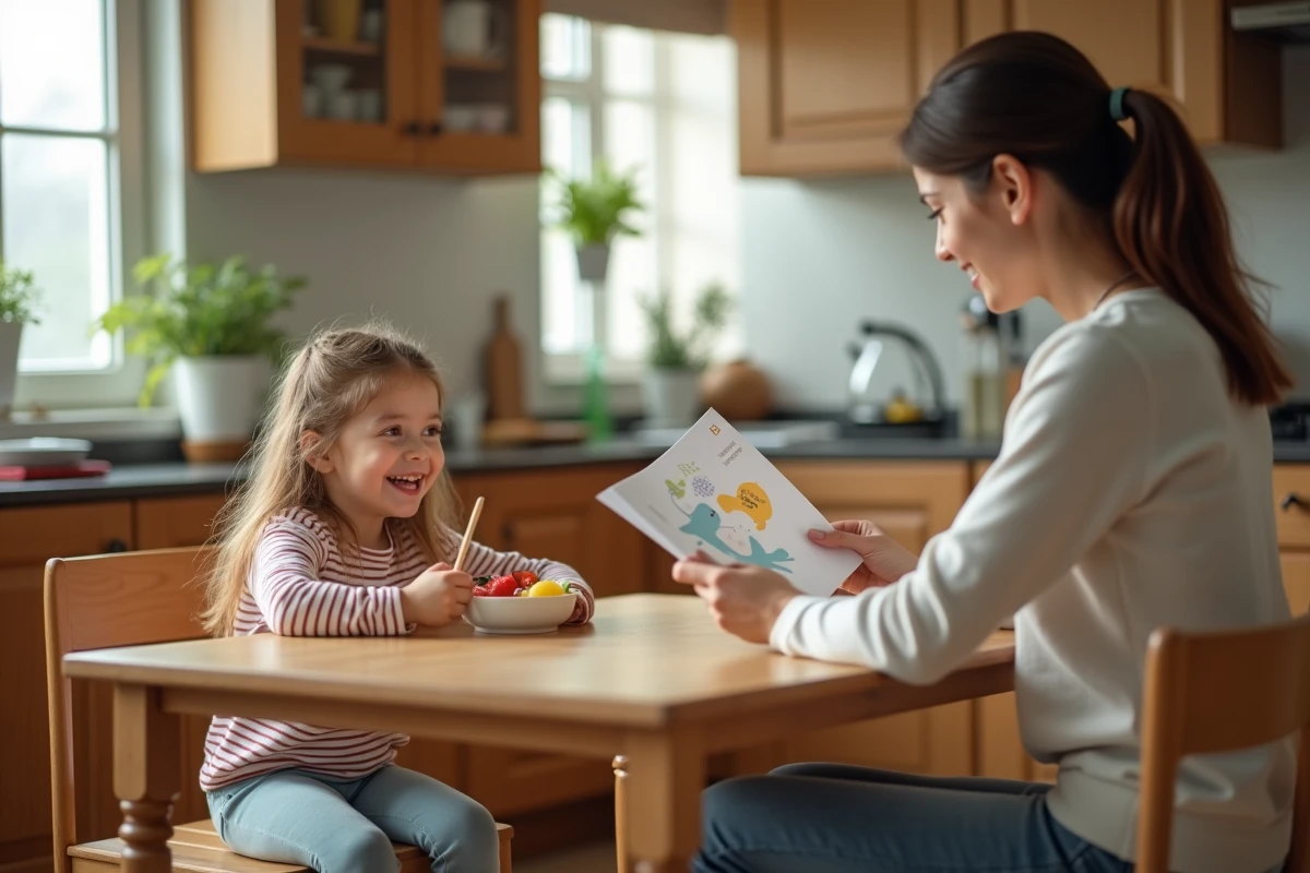 Petite fille de 4 ans qui mange des fruits à la maison pendant que sa mère consulte un carnet de santé