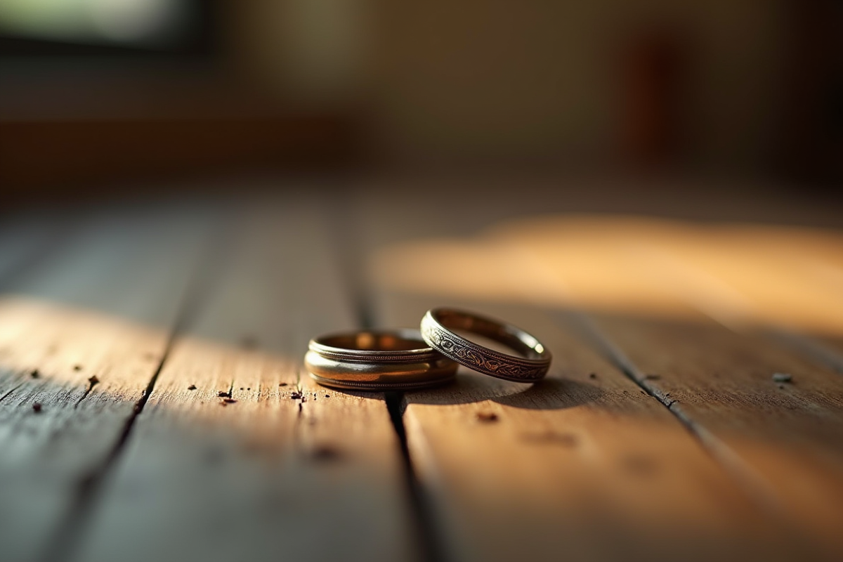 Alliances de mariage posées sur une table en bois naturel