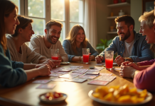 Amis jouant au jeu de société President dans un salon ensoleille