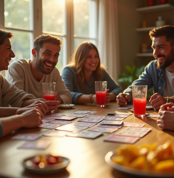 Amis jouant au jeu de société President dans un salon ensoleille