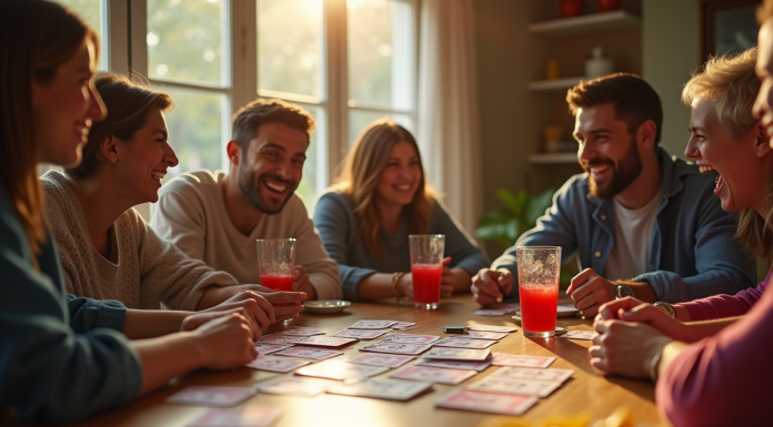 Amis jouant au jeu de société President dans un salon ensoleille