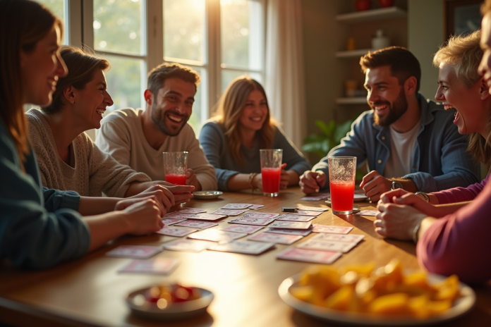 Amis jouant au jeu de société President dans un salon ensoleille