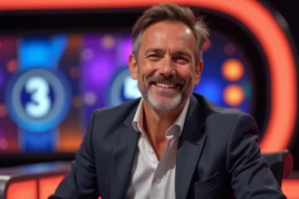 Animateur de jeu télévisé souriant sur un plateau de quiz avec décor coloré en arrière-plan