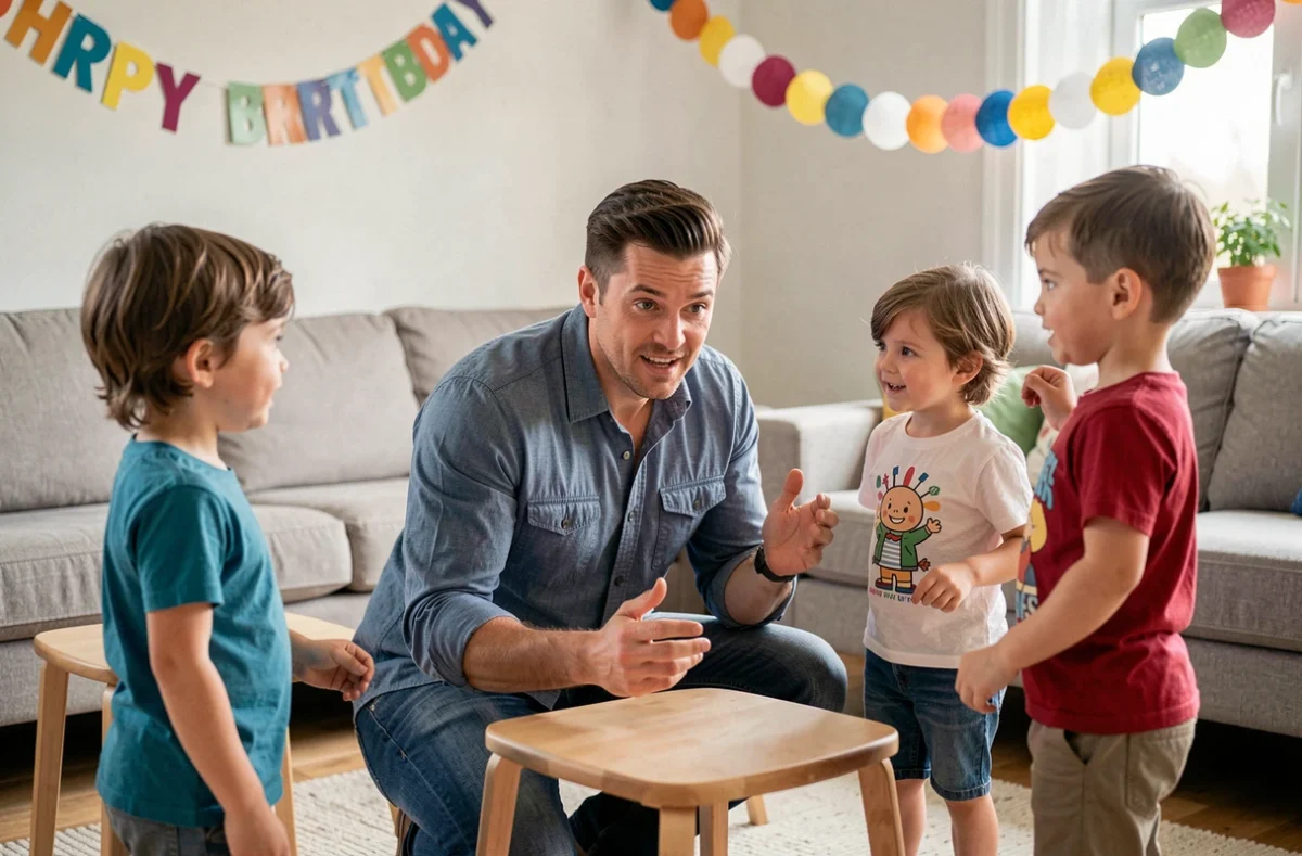 Animateur d'anniversaire expliquant les règles d'un jeu musical à des enfants dans un salon festif décoré