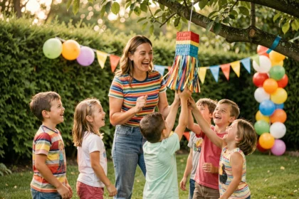 Animatrice d'anniversaire encadrant des enfants pendant un jeu de piñata dans un jardin décoré de ballons colorés