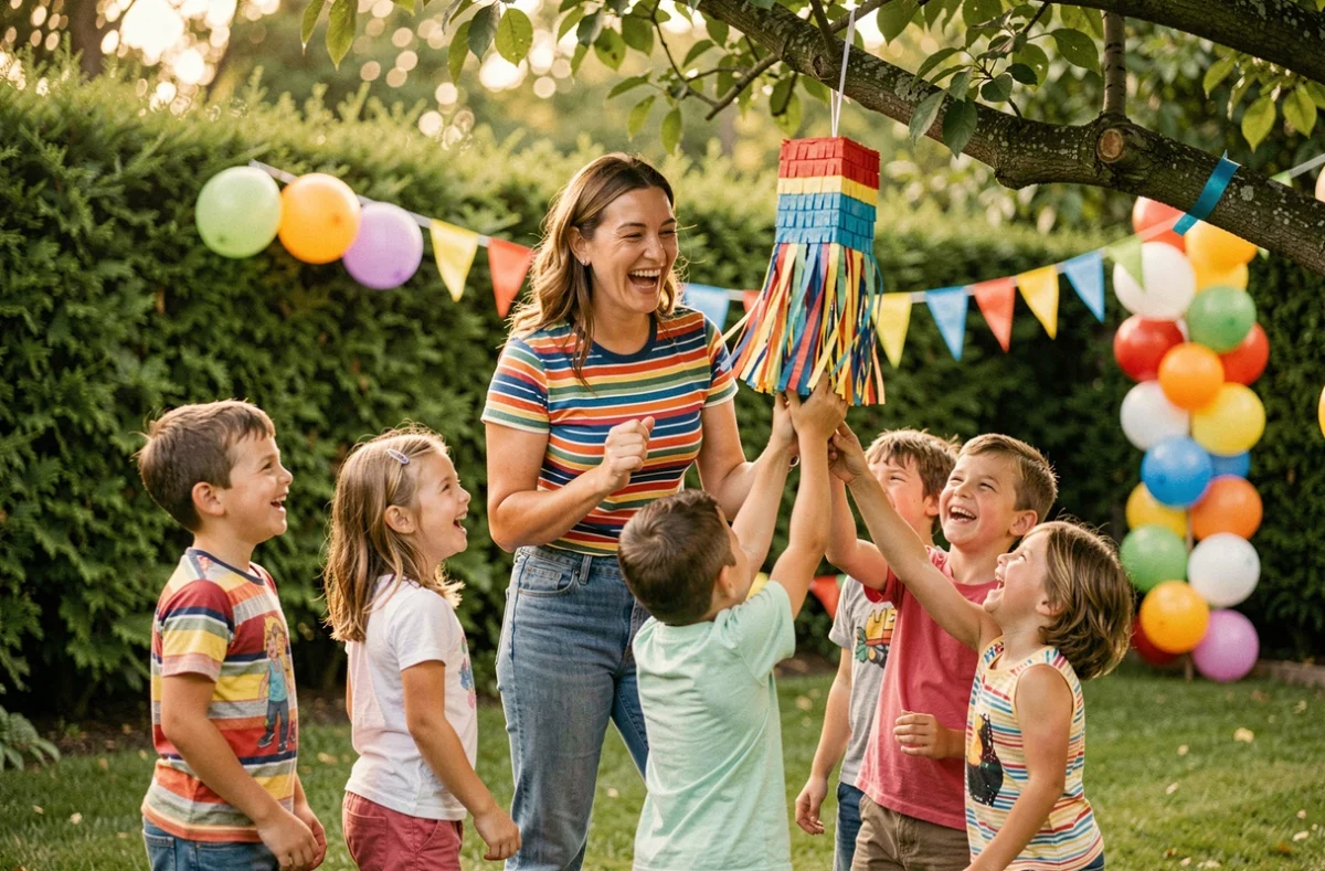 Animatrice d'anniversaire encadrant des enfants pendant un jeu de piñata dans un jardin décoré de ballons colorés