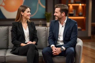 Animatrice élégante en talk show avec coanimateur souriant