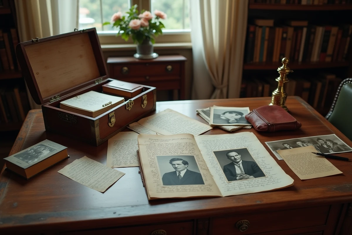 Boîte en bois vintage contenant des photographies familiales en noir et blanc et des lettres manuscrites sur un bureau ancien, évoquant les traces biographiques de la famille Haroche
