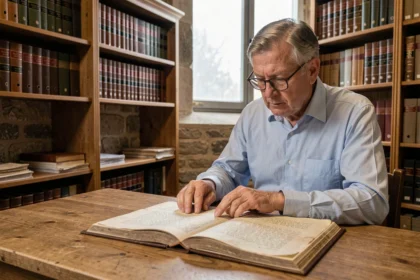 Archiviste consultant un ancien registre d'état civil français dans une salle d'archives municipale