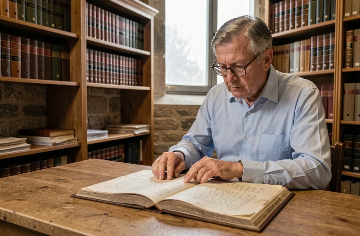 Archiviste consultant un ancien registre d'état civil français dans une salle d'archives municipale