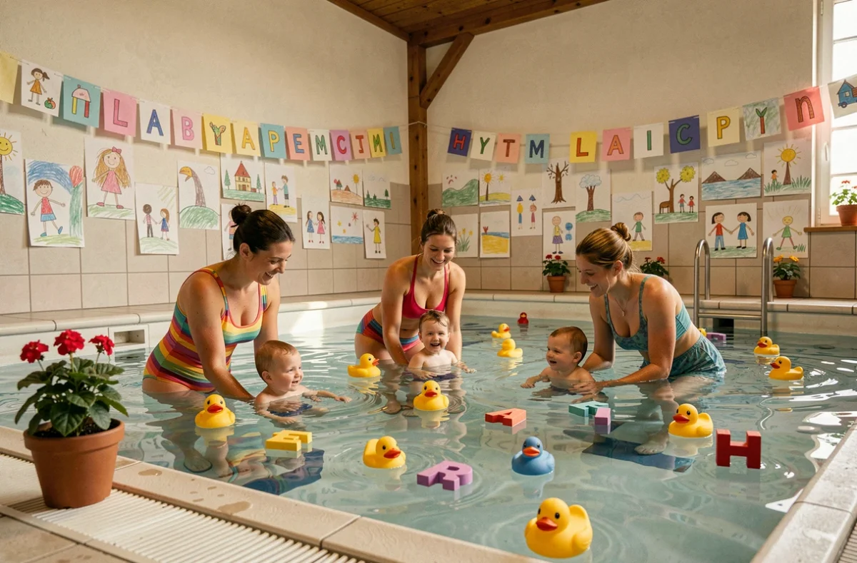 Association locale d'éveil aquatique en Alsace avec instructeurs bénévoles et familles dans une piscine communautaire