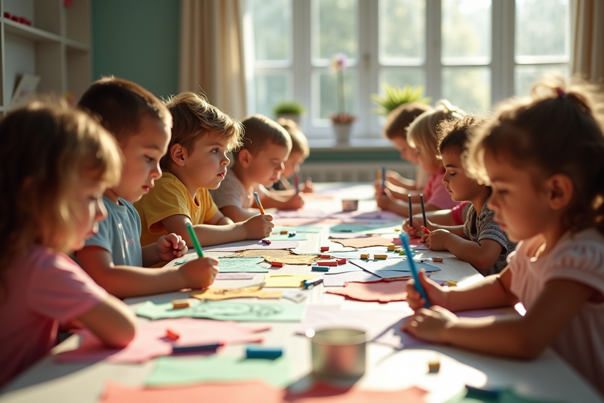 Enfants créant avec des papiers et des feutres lors d