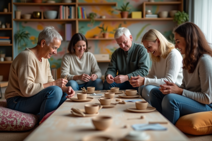 Groupe de personnes en atelier de poterie dans un centre communautaire