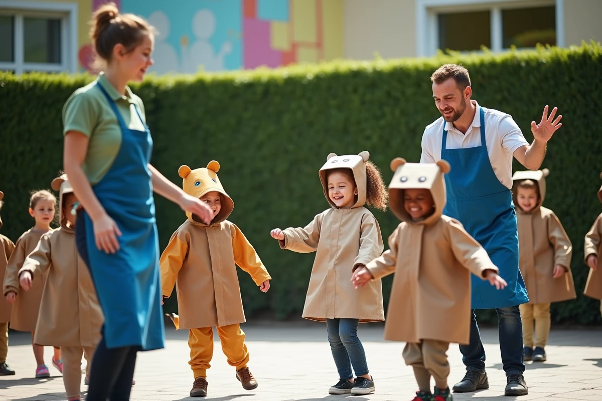 Animateurs encadrant un atelier théâtral en plein air avec des enfants déguisés dans la cour d'un centre de loisirs