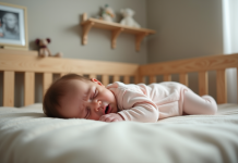 Bébé fille de six mois dans un lit en bois pleurant doucement