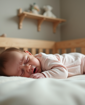 Bébé fille de six mois dans un lit en bois pleurant doucement