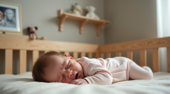 Bébé fille de six mois dans un lit en bois pleurant doucement