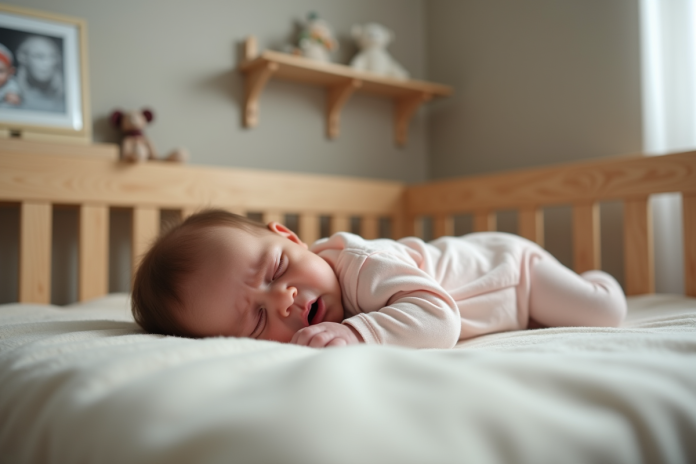bebe-crib-pleurs Bébé fille de six mois dans un lit en bois pleurant doucement
