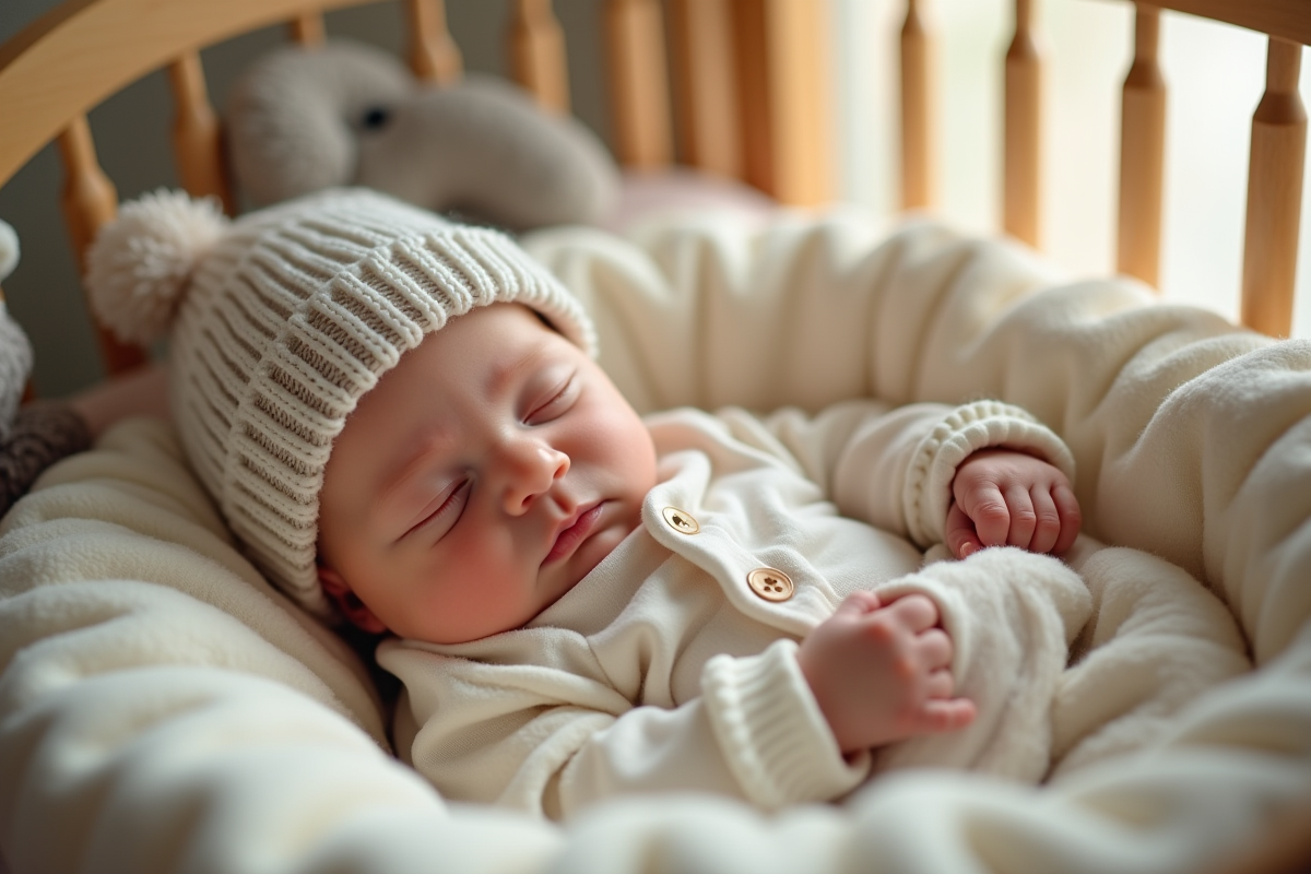 Bebe endormi dans un lit en bois avec jouets doux