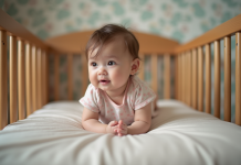 Sécurité bébé : laisser pleurer, danger ? Conseils experts Bébé fille de un an dans un berceau en bois dans une nurserie douce