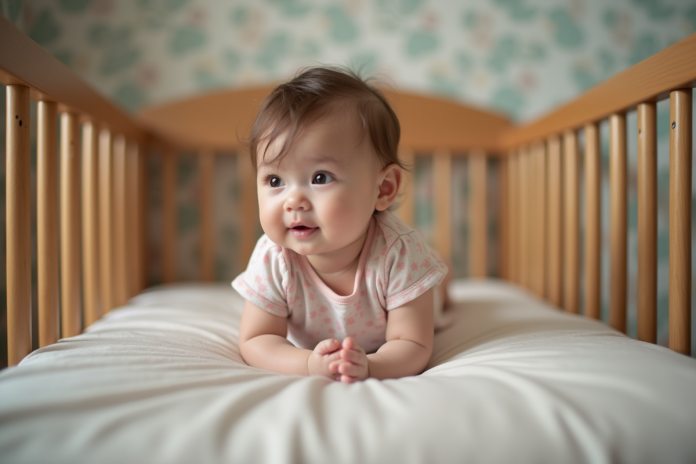 bebe-fille-berceau-nurserie Bébé fille de un an dans un berceau en bois dans une nurserie douce