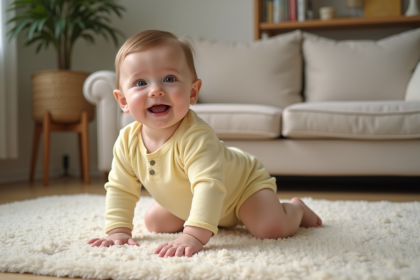 Bebe fille en pyjama jaune jouant sur tapis à la maison