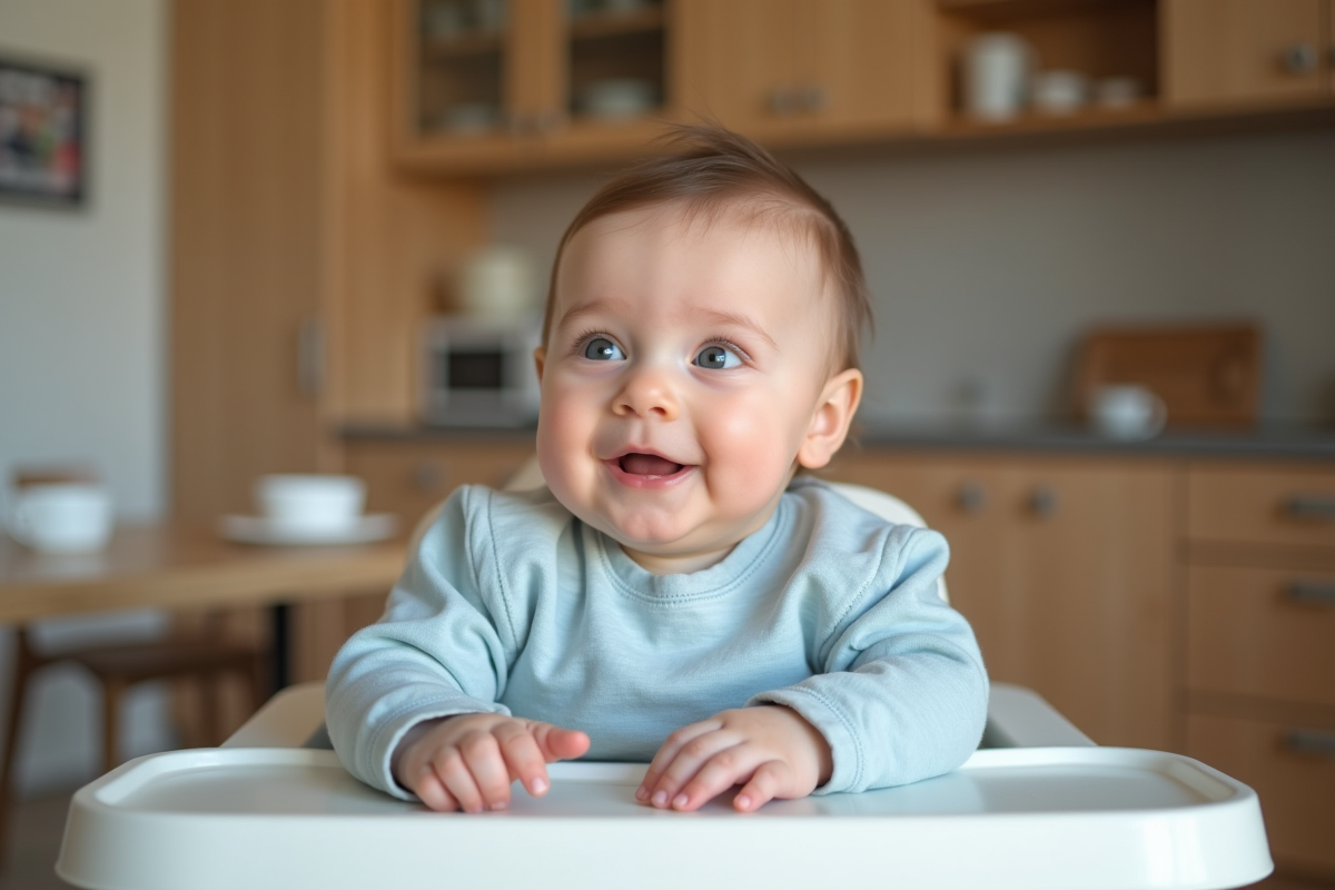 Bebe garcon en haut fauteuil à la cuisine en train de manger