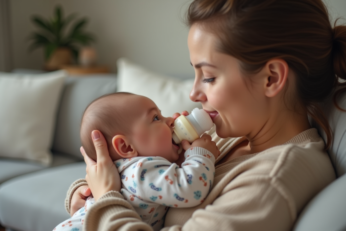 bebe-maman-biberon Bébé de 4 mois avec sa maman lors de l'allaitement
