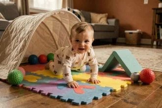 Bébé de 10 mois explorant un parcours motricité sur tapis de mousse coloré dans un salon chaleureux en fin de journée