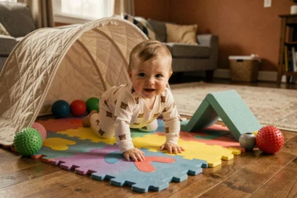 Bébé de 10 mois explorant un parcours motricité sur tapis de mousse coloré dans un salon chaleureux en fin de journée