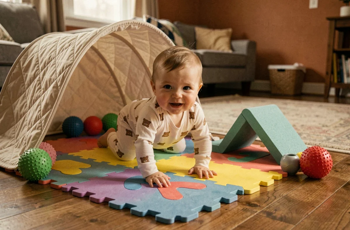 Bébé de 10 mois explorant un parcours motricité sur tapis de mousse coloré dans un salon chaleureux en fin de journée
