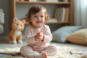 Enfant souriant de 2 ans jouant avec livres et peluche