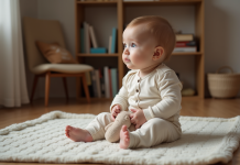 Bébé : ressent-il le manque de sa maman ? Les réponses ici Bébé de un an assis sur un tapis de jeu dans un salon chaleureux