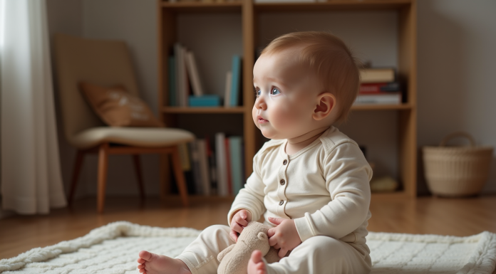 Bébé de un an assis sur un tapis de jeu dans un salon chaleureux