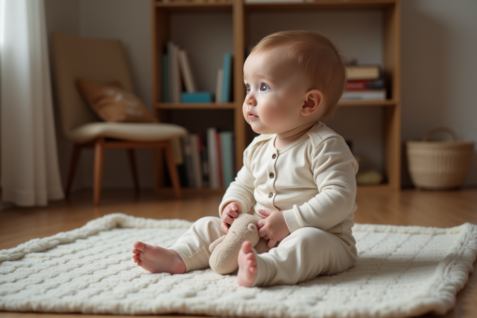 Bébé de un an assis sur un tapis de jeu dans un salon chaleureux
