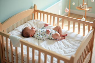 Bébé de six mois dans un lit en bois avec une ambiance moderne et apaisante