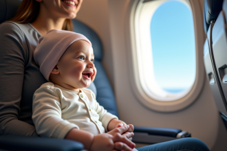 Bebe souriant dans un avion regardant par la fenetre