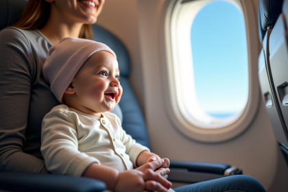 Bebe souriant dans un avion regardant par la fenetre