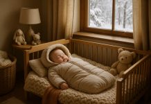 Les essentiels de l’hiver pour un sommeil paisible chez les tout-petits Photo hyperrealiste d'une chambre de bébé en hiver avec un bébé endormi