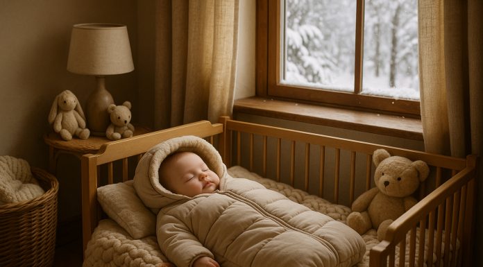 Photo hyperrealiste d'une chambre de bébé en hiver avec un bébé endormi