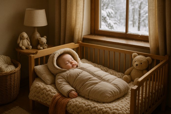 berceau-nuageux-hiver Photo hyperrealiste d'une chambre de bébé en hiver avec un bébé endormi