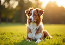 Chien berger australien brun dans un parc ensoleille
