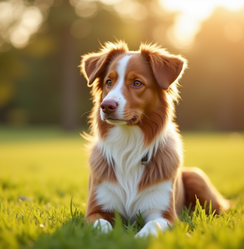 Chien berger australien brun dans un parc ensoleille