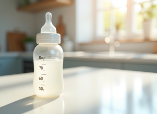 Biberon pour bébé avec mesures précises sur plan blanc