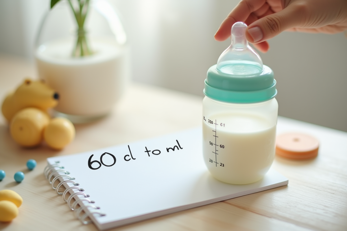 Biberon rempli de lait avec un carnet de conversion et accessoires bébé